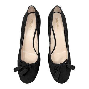Prada Black Suede Heels Bow Detail Size 41 Vintage Old Money Quiet Luxury
